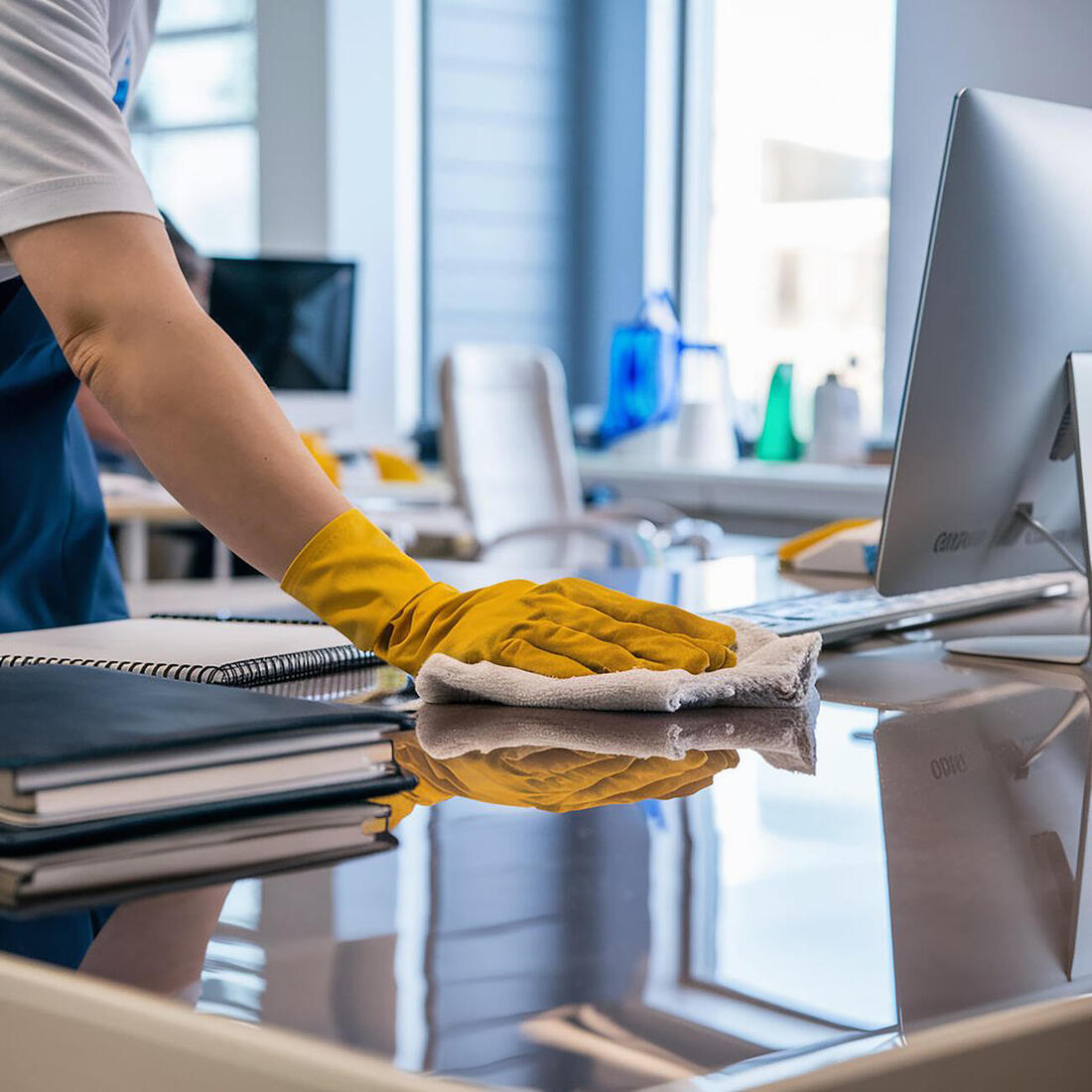 Schreibtisch wird bei der Unterhaltsreinigung im Büro abgewischt