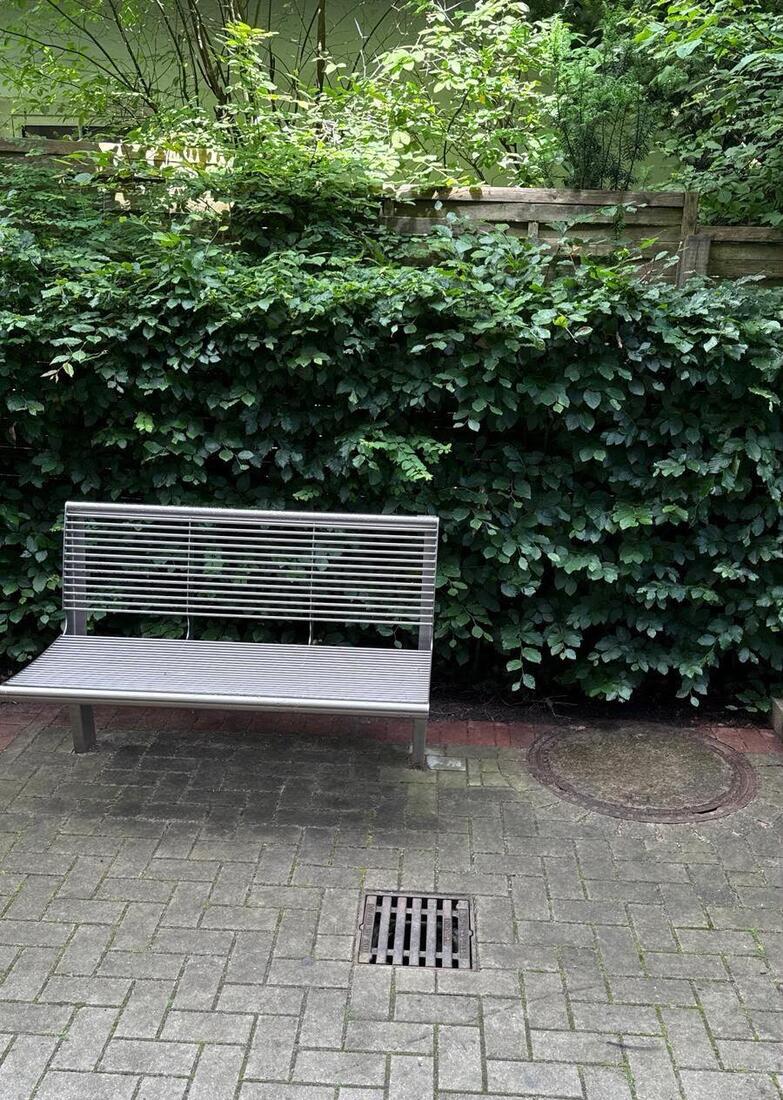 Sitzbank vor einer frisch geschnittenen Hecke